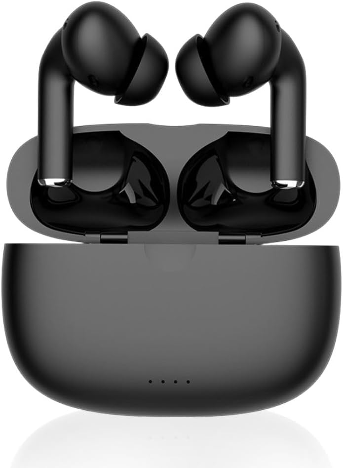 Pair of Sonetra noise cancelling true wireless earbuds in their open wireless charging case, showcasing the design.