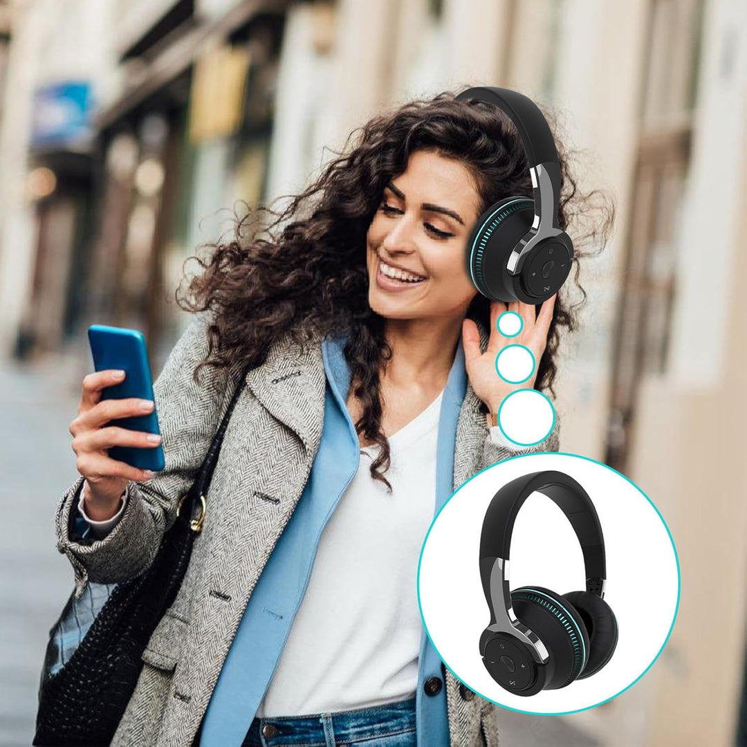 Foldable wireless Sonvix headset, black, with illuminated RGB lights on earcups.