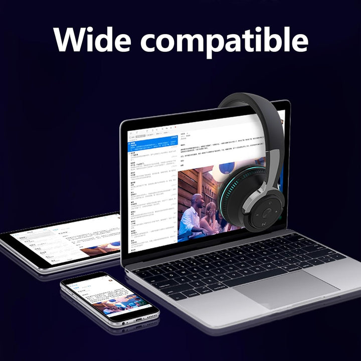User wearing black Sonvix foldable wireless headset with dynamic RGB lights.