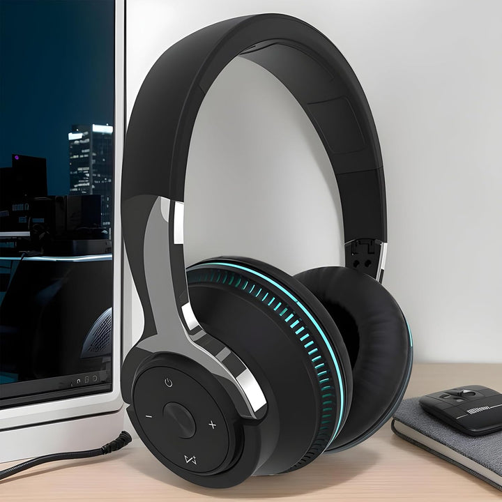 Sonvix wireless headset, black and foldable, beside its charging cable with RGB glow.