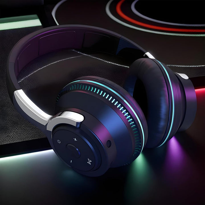 Stylish black Sonvix foldable wireless headset with vibrant dynamic RGB lights for music.