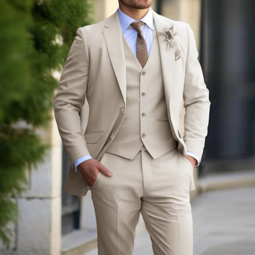 Sophisticated men's 3-piece slim fit suit. Versatile formal wear for business, weddings, and special events.