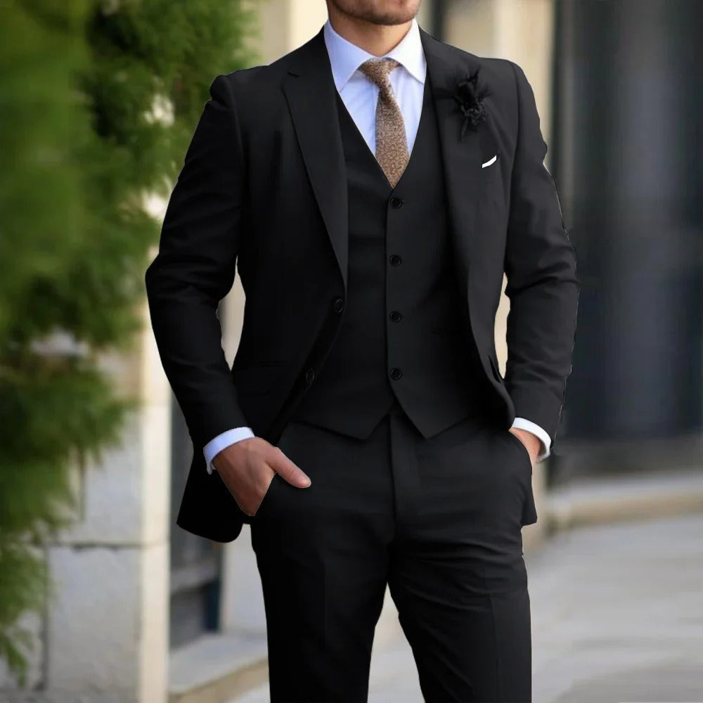 Elegant beige men's 3-piece slim fit suit. Professional business suit and sophisticated formal event wear.