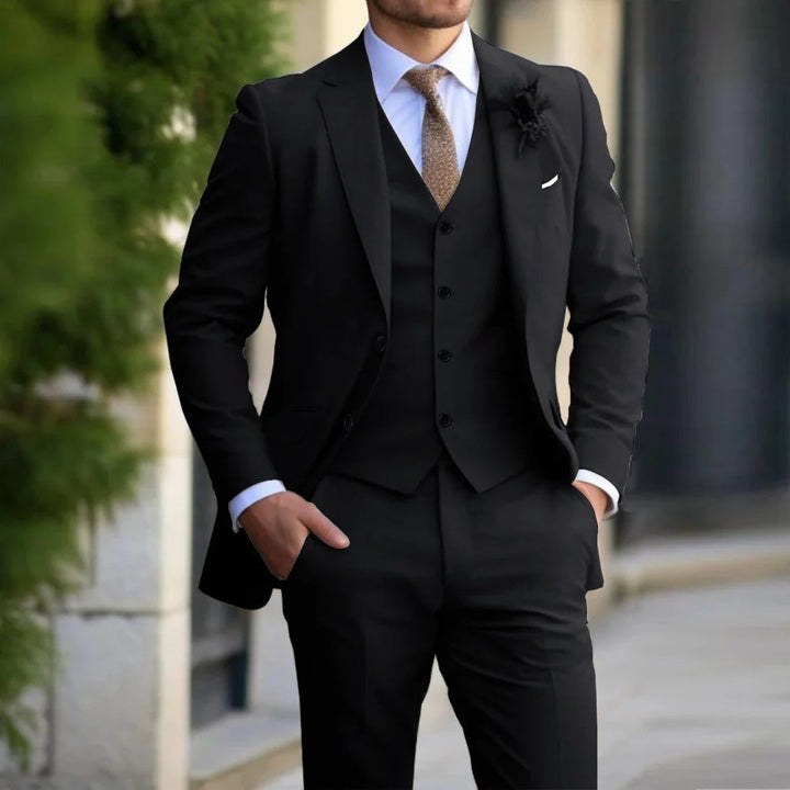 Elegant beige men's 3-piece slim fit suit. Professional business suit and sophisticated formal event wear.
