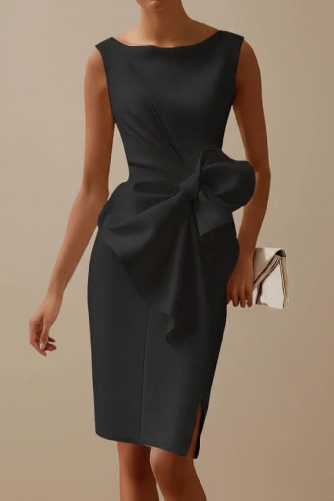 Sophisticated women's elegant sleeveless cocktail midi dress, showcasing a beautiful statement bow, ideal for evening events.