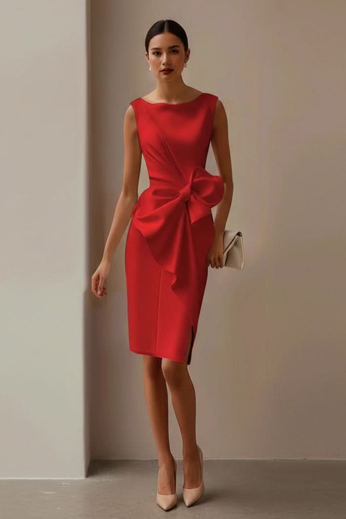 Stylish women's party dress, a sleeveless midi cocktail design with an eye-catching statement bow, ideal for special events.