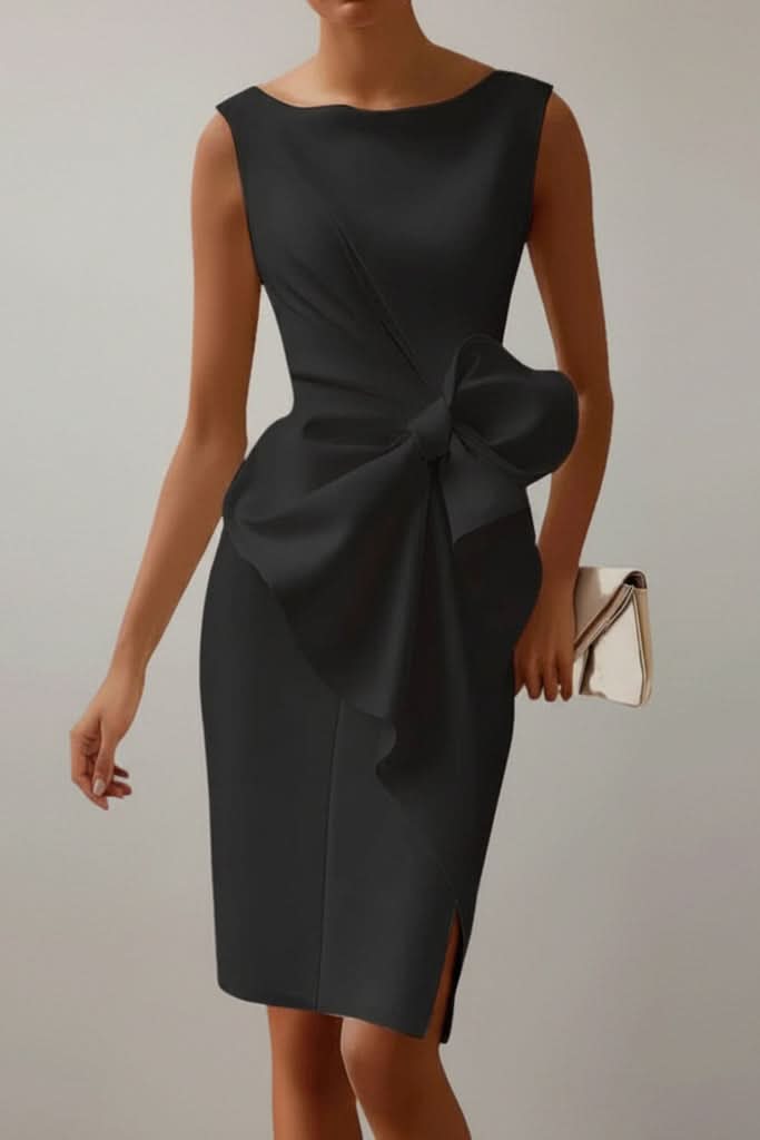 Women's elegant special occasion midi dress, sleeveless with a distinctive bow back, a sophisticated choice for evening wear.