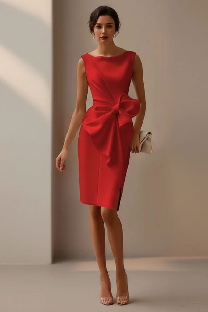 Classic women's formal party dress, a sleeveless midi design with a striking bow detail, ensuring an elegant sophisticated look.