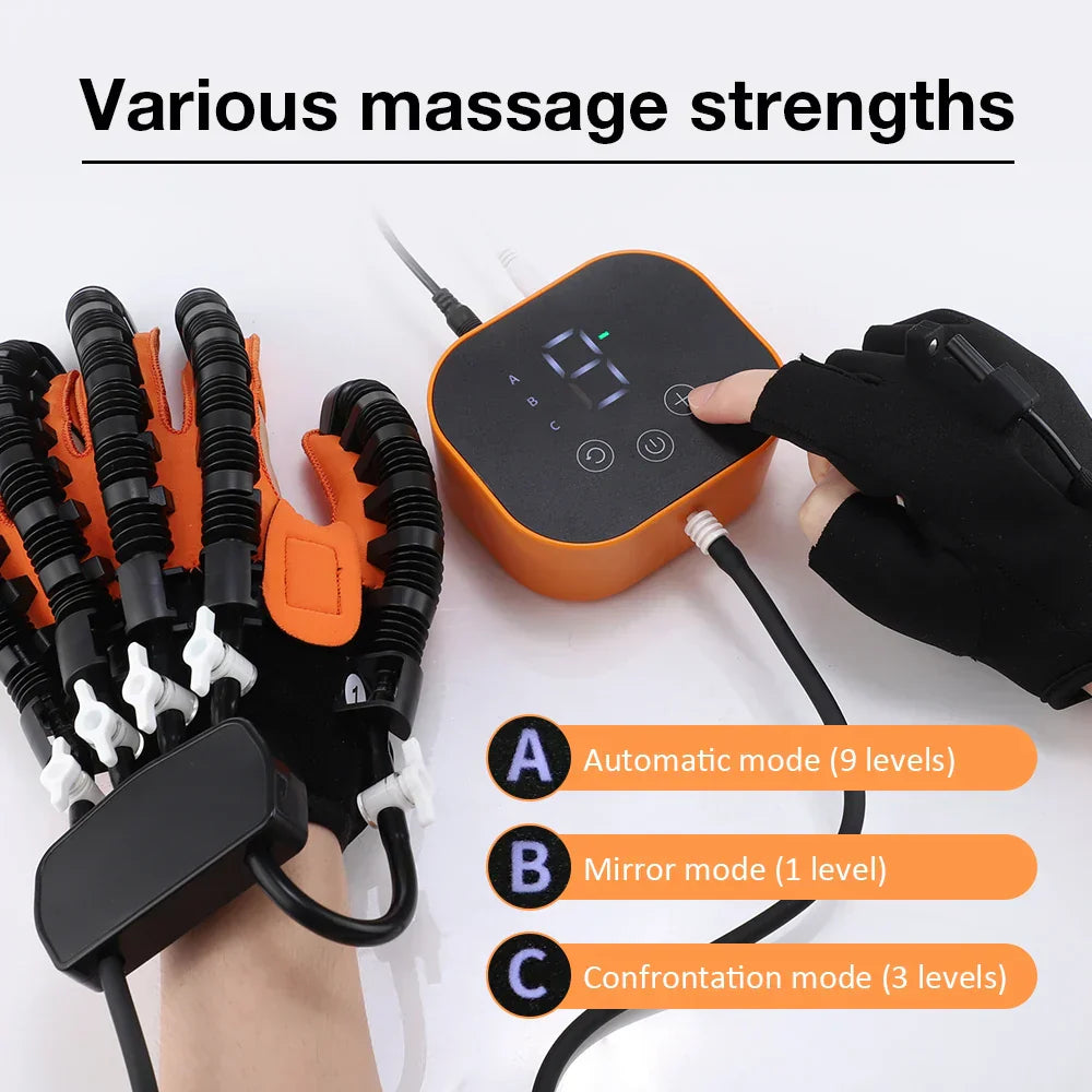 Close-up of electric hand therapy glove providing physical therapy for recovery aid