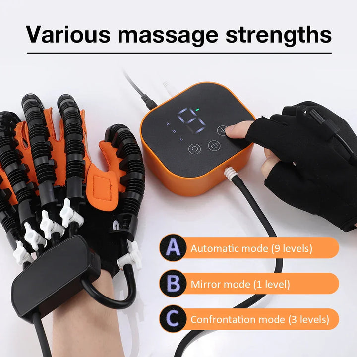 Close-up of electric hand therapy glove providing physical therapy for recovery aid