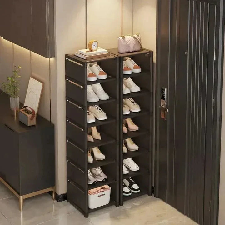Space-saving corner shoe rack with fabric shelves, ideal for small entryways & closets.