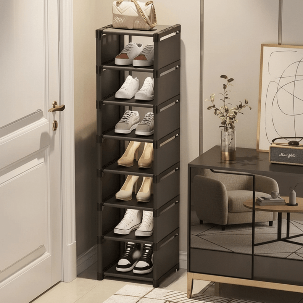 Stylish corner shoe organizer, perfect for entryway, closet, or mudroom shoe management.