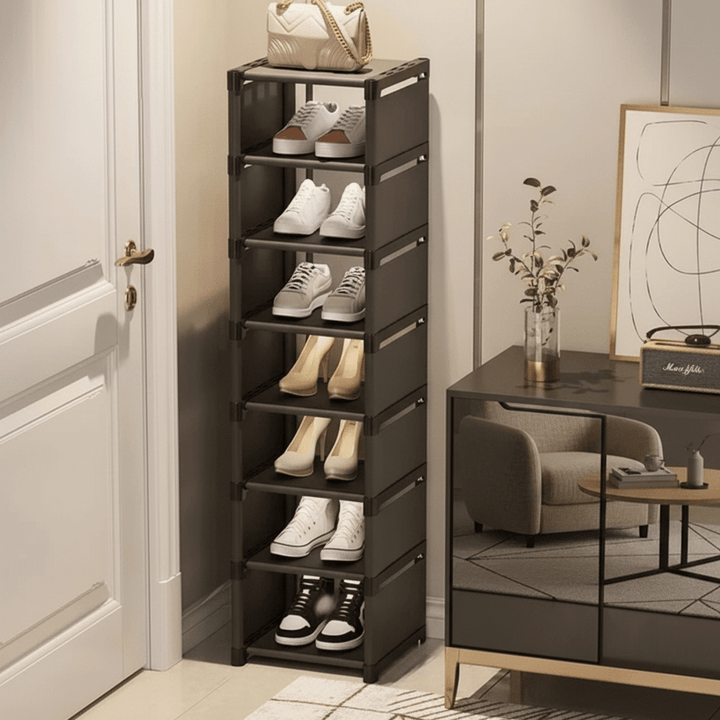 Stylish corner shoe organizer, perfect for entryway, closet, or mudroom shoe management.