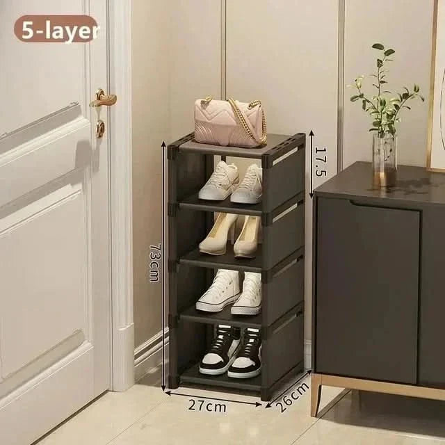 Multi-tier corner shoe rack with durable fabric shelves for small apartments.