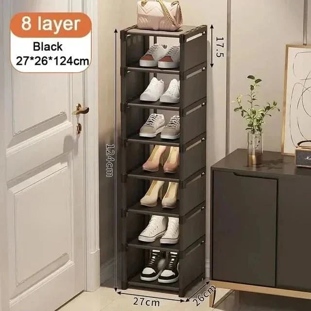 Modern entryway corner shoe rack fitting snugly, keeping shoes organized.
