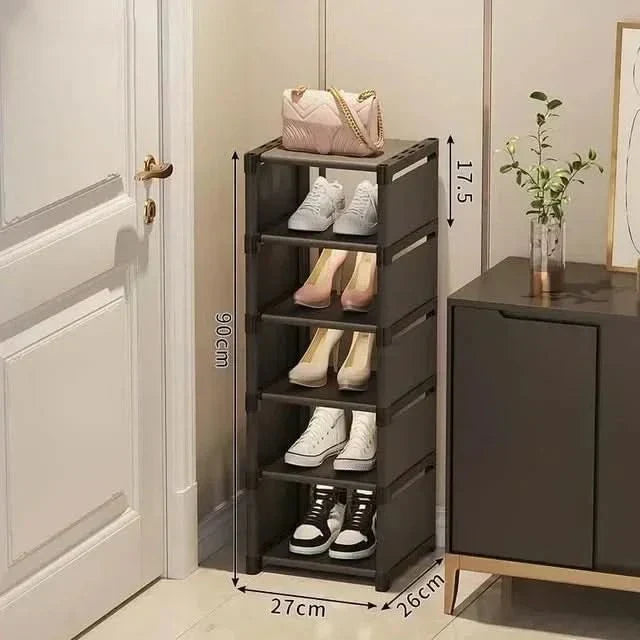 Slim corner shoe storage solution for closet organization, maximizing vertical space.