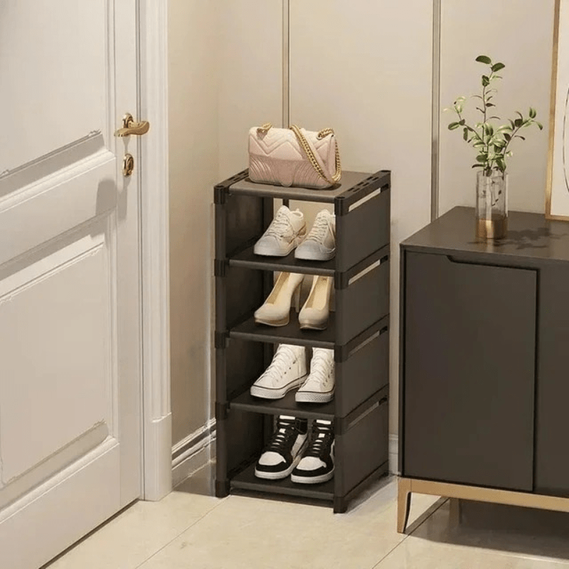 Organized shoes on a space saver corner shoe rack, great for decluttering.