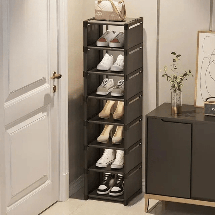 Efficient small space shoe rack, designed for compact living & optimal organization.