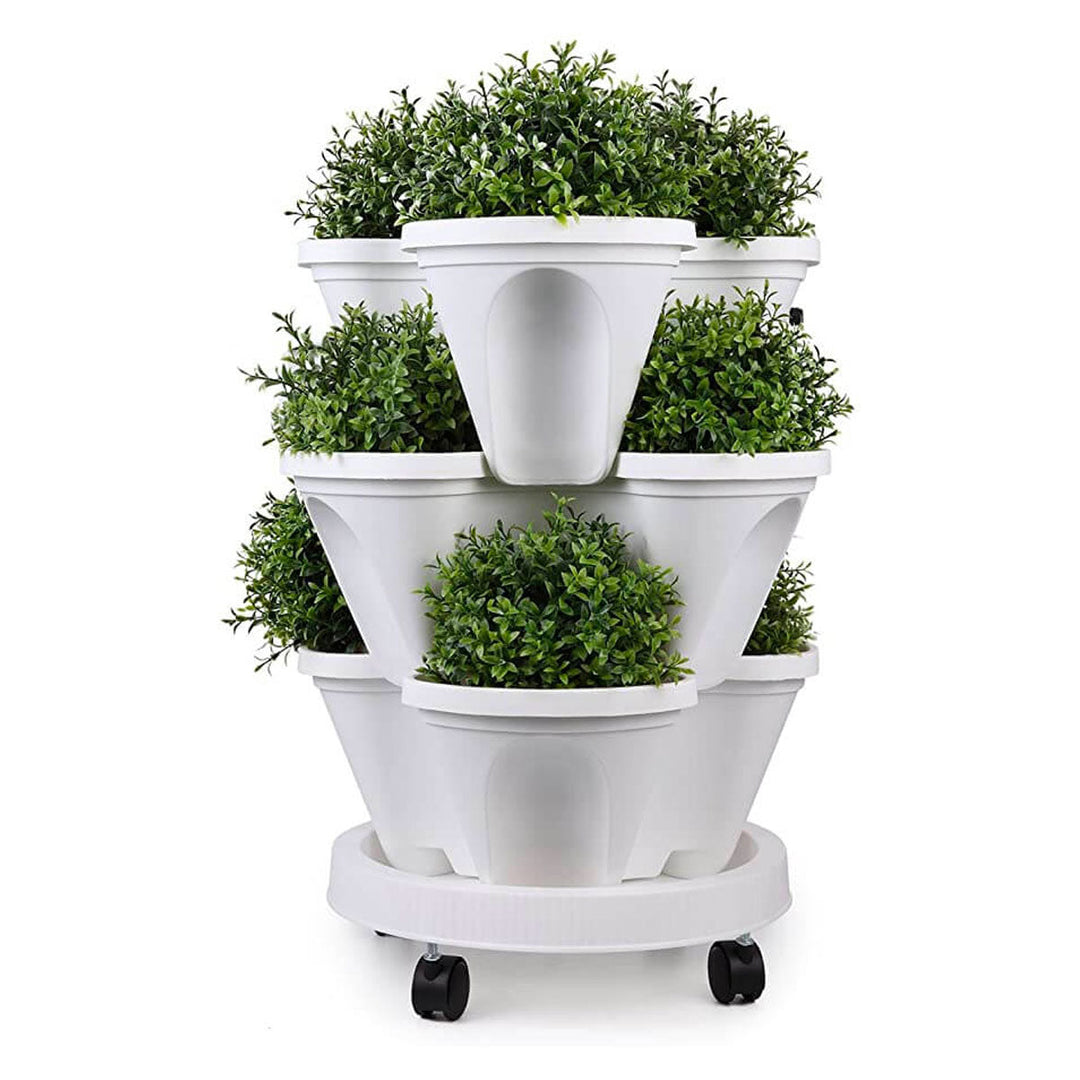Space-saving stackable garden planter pots, perfect for vertical gardening & balconies. Durable plastic design.