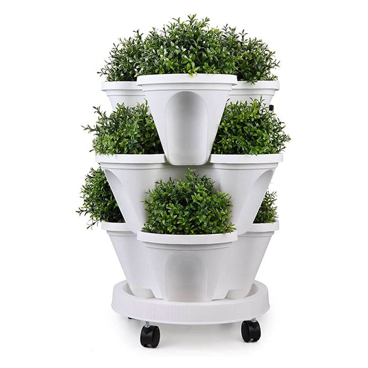 Space-saving stackable garden planter pots, perfect for vertical gardening & balconies. Durable plastic design.