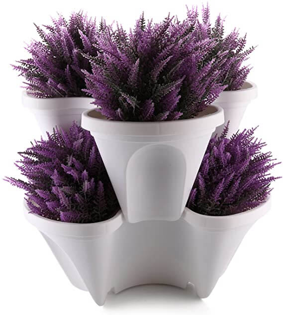 Stylish space-saving stackable planters for a tiered flower or herb garden. Made from robust plastic.