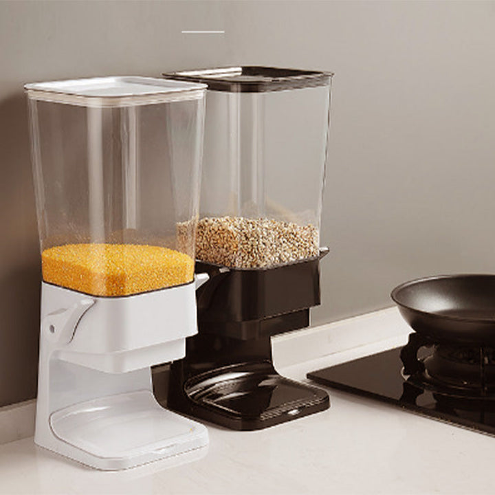 Space-saving vertical grain dispenser for tidy kitchen dry food storage & organization. Keeps cereals fresh.