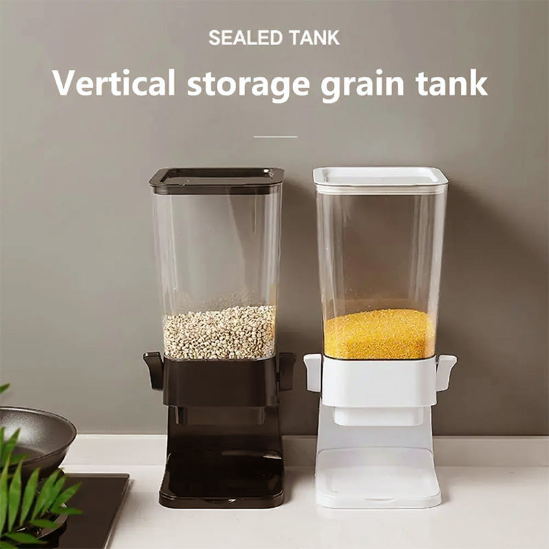 Fresh-keeping vertical cereal dispenser, ideal pantry storage & counter organizer for grains and snacks.