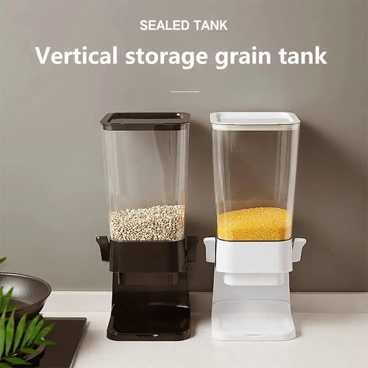 Fresh-keeping vertical cereal dispenser, ideal pantry storage & counter organizer for grains and snacks.