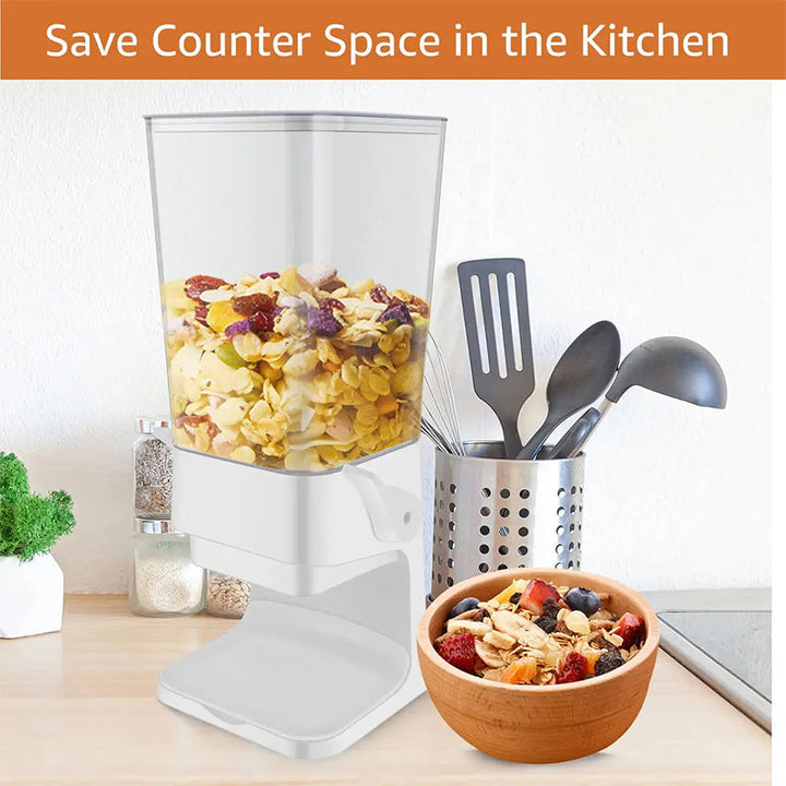 Modern vertical grain storage container, keeps cereals fresh & kitchen organized with space-saving design.