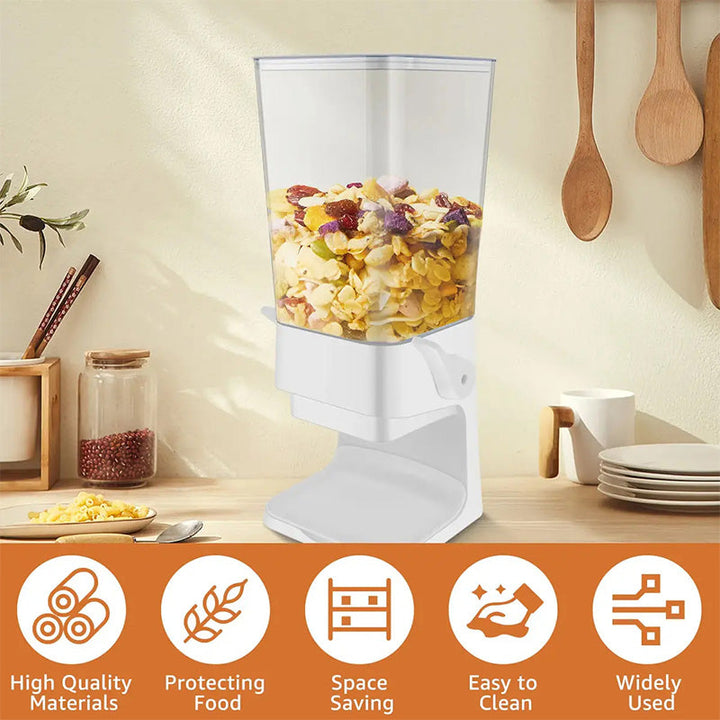 Efficient vertical dry food dispenser for easy access & organized kitchen or pantry storage of grains.