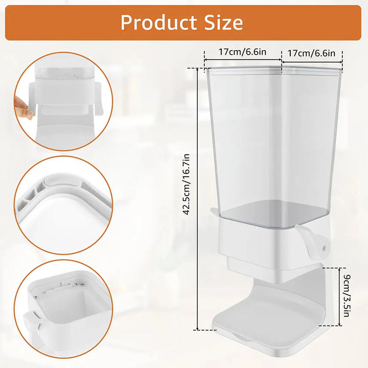 Smart vertical CerealKeeper: space-saving dry food storage, keeps grains fresh & kitchen neat.