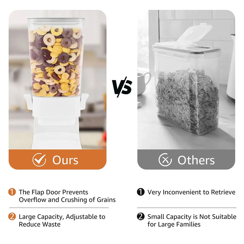 Vertical food container for grains & cereal. Maximizes kitchen counter space, keeps food fresh.