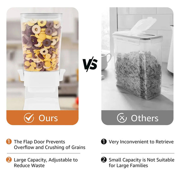 Vertical food container for grains & cereal. Maximizes kitchen counter space, keeps food fresh.