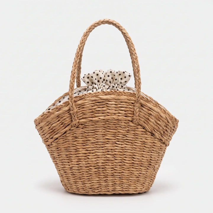 Khaki woven women's tote, a spacious and stylish accessory for everyday carry & beach vacations.