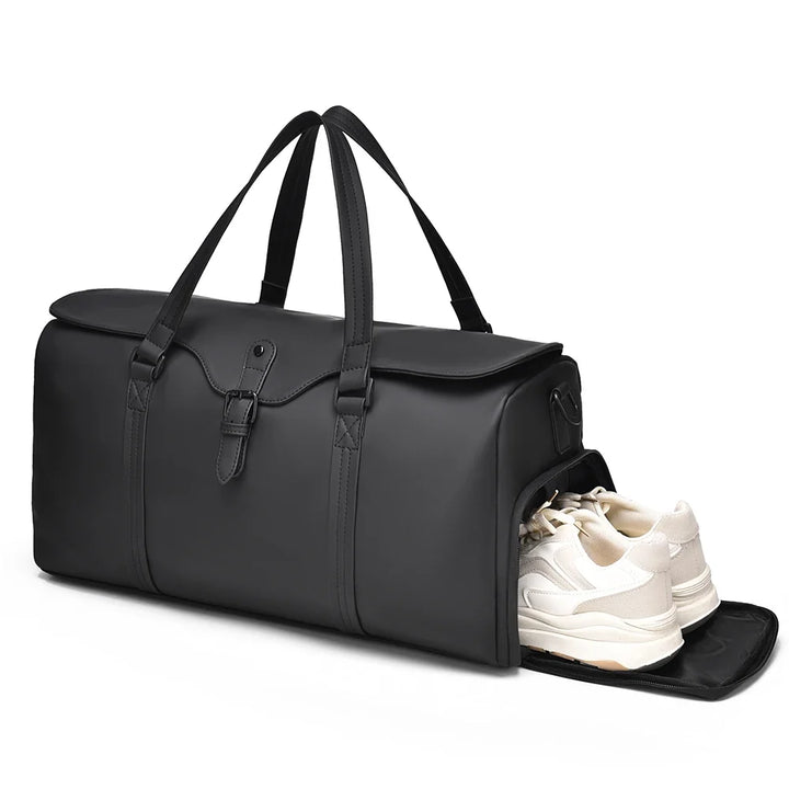 Grey spacious weekend duffle bag, featuring an external shoe compartment, perfect unisex travel carry-on.