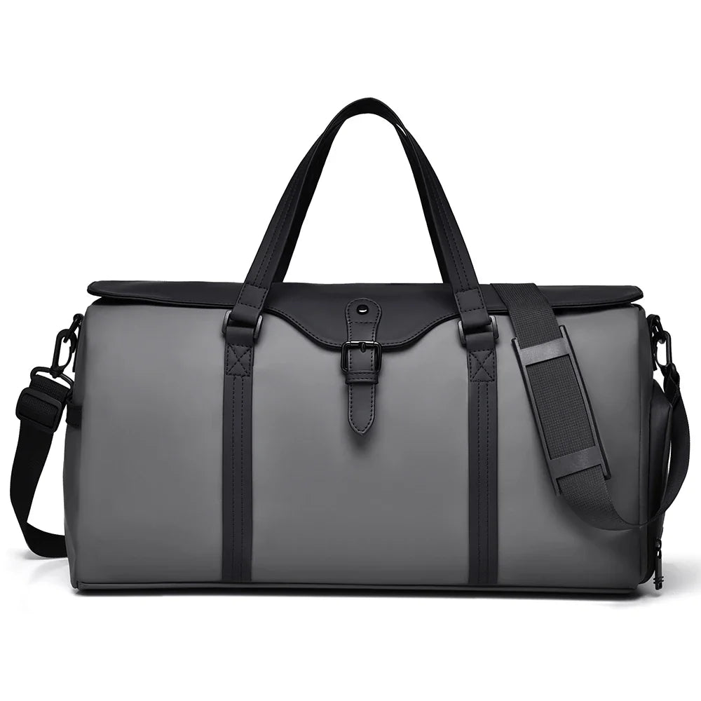 Perfect unisex carry-on duffle bag in grey, spacious for travel & gym, includes a separate shoe compartment.