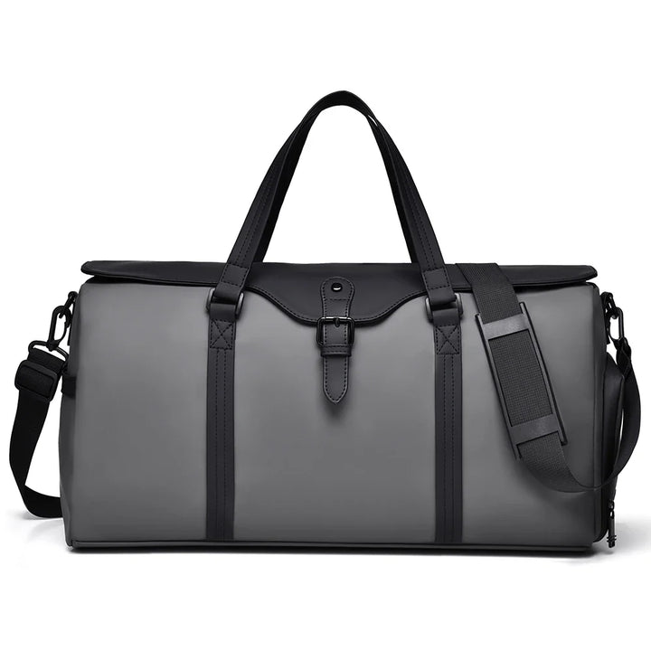 Perfect unisex carry-on duffle bag in grey, spacious for travel & gym, includes a separate shoe compartment.