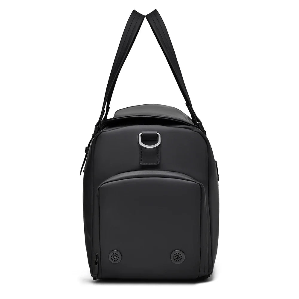 Close-up of durable fabric on a spacious grey duffle bag, ideal unisex carry-on for travel or gym.