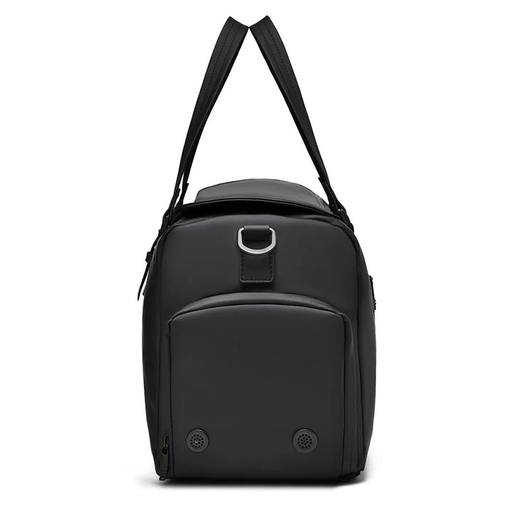 Close-up of durable fabric on a spacious grey duffle bag, ideal unisex carry-on for travel or gym.