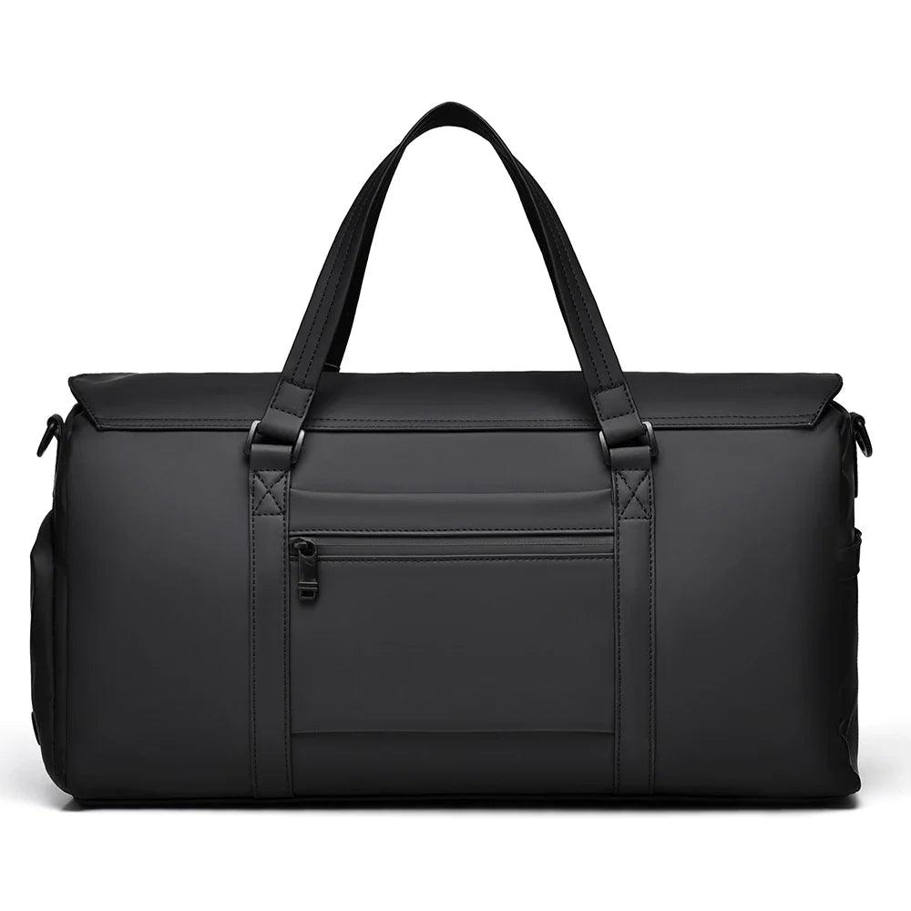 Black spacious duffle bag, versatile as a weekend, travel, gym, or carry-on bag for unisex use.