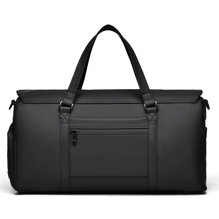 Black spacious duffle bag, versatile as a weekend, travel, gym, or carry-on bag for unisex use.