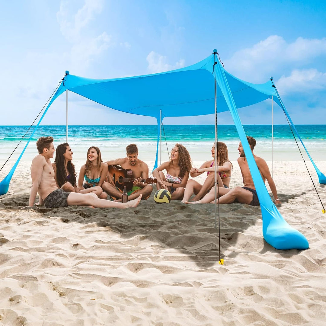Spacious UPF50+ family beach tent with strong aluminum poles, offering excellent sun protection