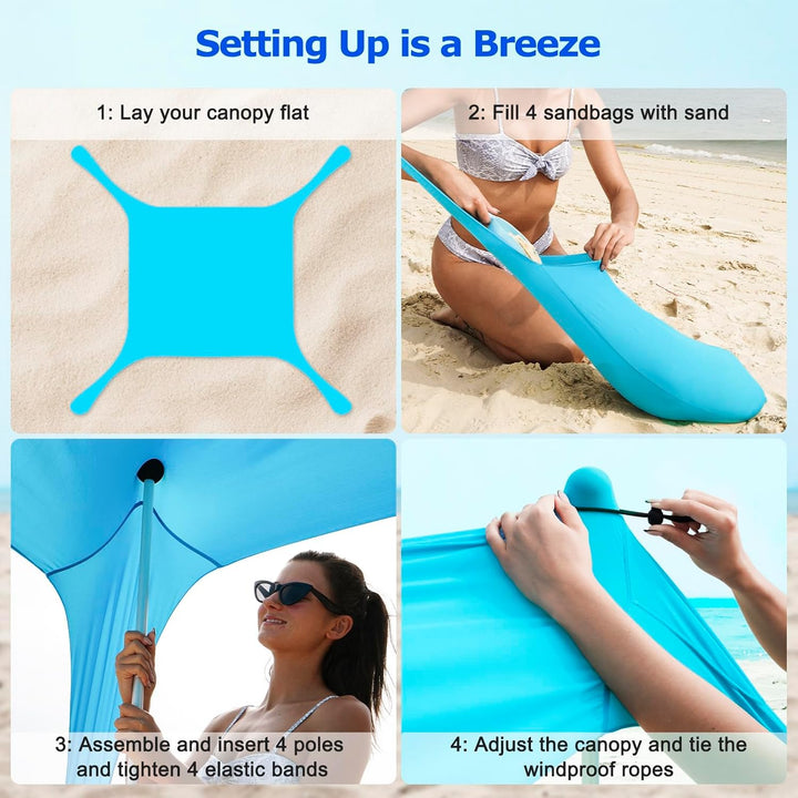 Portable family beach tent with UPF50+ UV protection and durable aluminum poles, ideal for outdoor shade