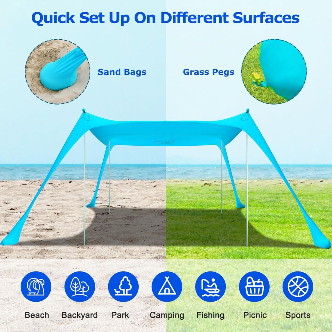 Family beach tent (UPF50+) with sand anchors and lightweight aluminum poles for easy setup and sun shelter