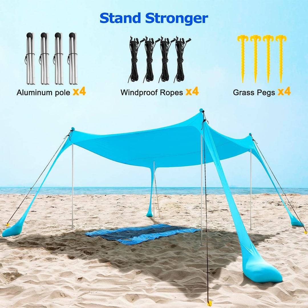 Large UPF50+ canopy beach tent, perfect for families, featuring aluminum poles and robust UV protection