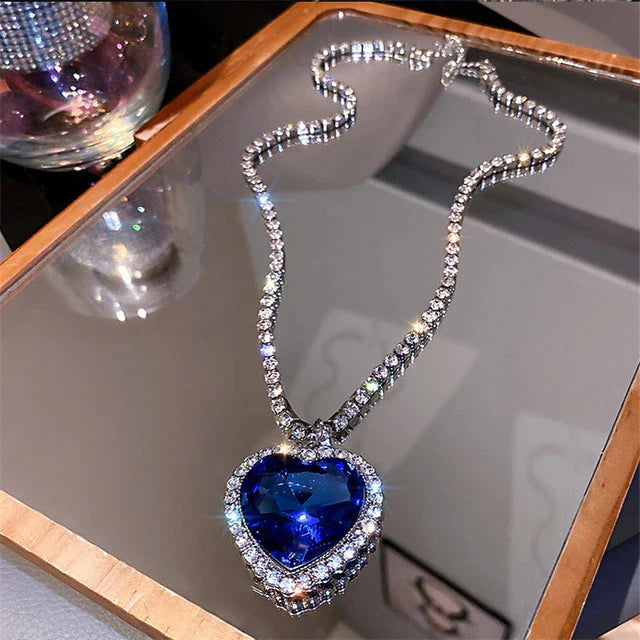 Sparkling blue heart crystal pendant necklace for women, an elegant fashion accessory and gift.