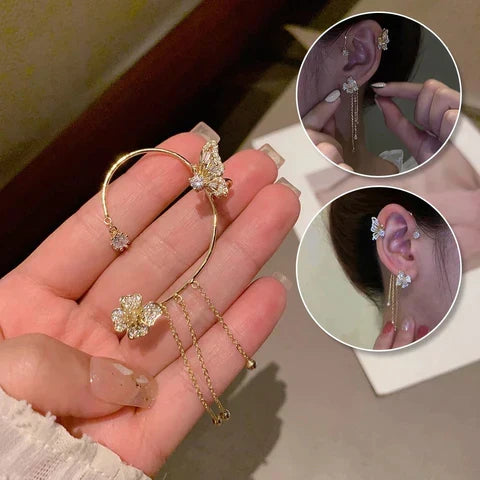 Sparkling butterfly ear cuffs for women, non-piercing & elegant rhinestone clip-on fashion jewelry.
