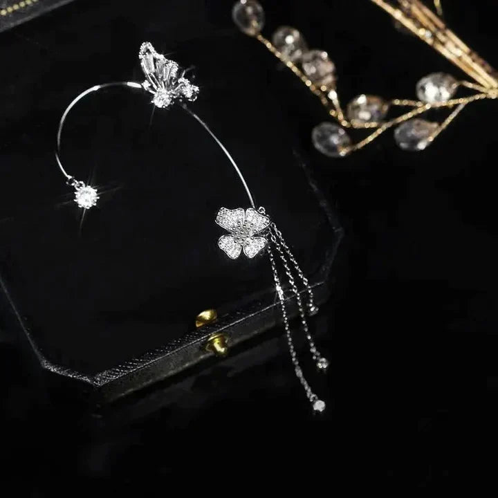 Elegant sparkling butterfly ear cuffs, women's non-piercing statement jewelry with rhinestones.