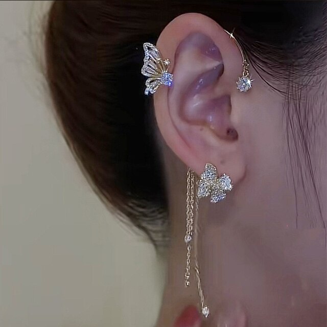 Dazzling sparkling butterfly ear cuffs for women. Non-piercing rhinestone clip-on elegant fashion jewelry.