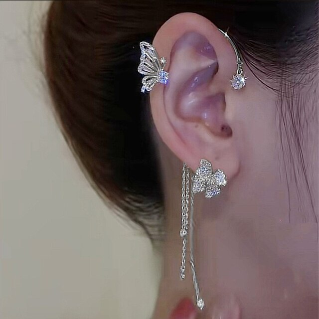 Chic sparkling butterfly ear cuffs, women's non-piercing elegant rhinestone clip-on statement jewelry.